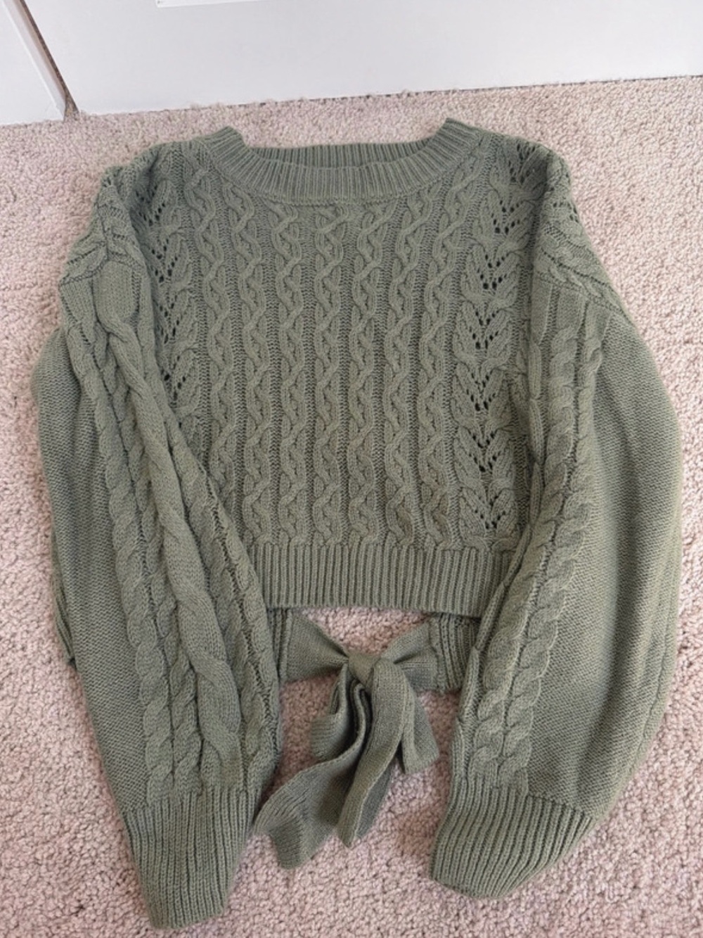 Pink Rose Olive Green Cable-Knit Tie-Back Sweater